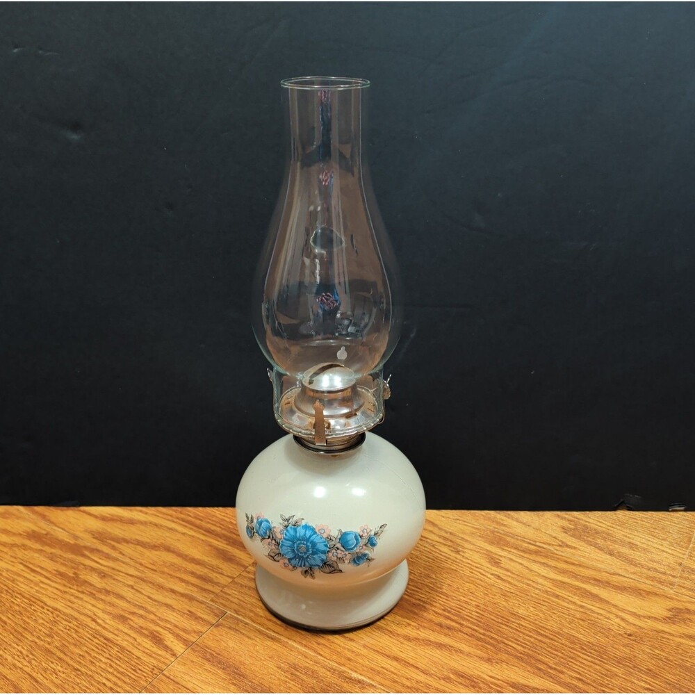 Lamplight Farms Blue Floral Porcelain Oil Lamp Kerosene Clear Glass Chimney 14.5